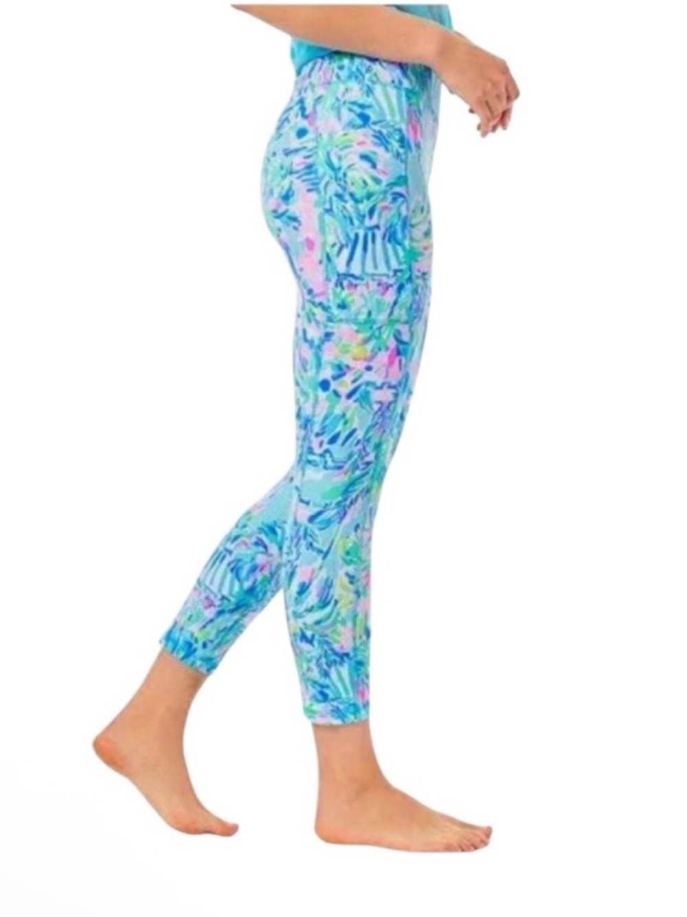 Lilly Pulitzer Luxletic Weekender HR Midi Legging Pockets Blue Ibiza UPF50 Sz M